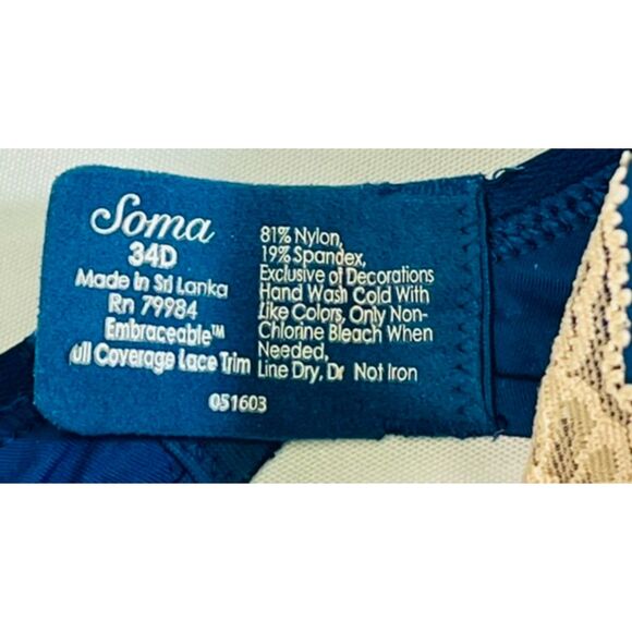 SOMA Embraceable Full Coverage Lace Trim Blue Beige Bra 34D EUC Underwire Bow - Picture 4 of 6